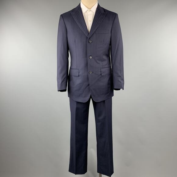 DAVID AUGUST Size 40 Navy & Pink Stripe Wool Peak Lapel 34 x 30 Suit - Picture 1 of 1